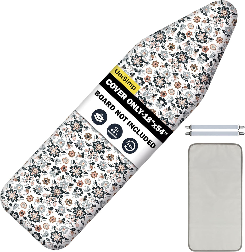 UniSimp Ironing Board Cover - Extra Thick Natural Cotton, Scorch & Stain Resistant | 18"x54" Floral Design