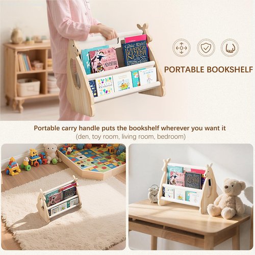 Lullulii Double Sided Kids Bookshelf – 2 Tier Portable Toddler Bookshelf, Book Shelf for Kids Rooms & Playroom, Cute Kangaroo Design Wooden Montessori Baby Bookshelf,Toddler Book Display Shelve,Nature