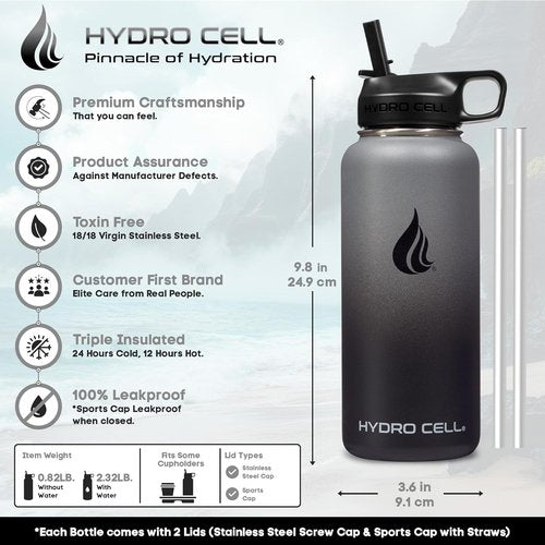 HYDRO CELL Stainless Steel Insulated Water Bottle - Versatile 32oz Flask for Hot & Cold Drinks | Leakproof Design in Graphite/Black