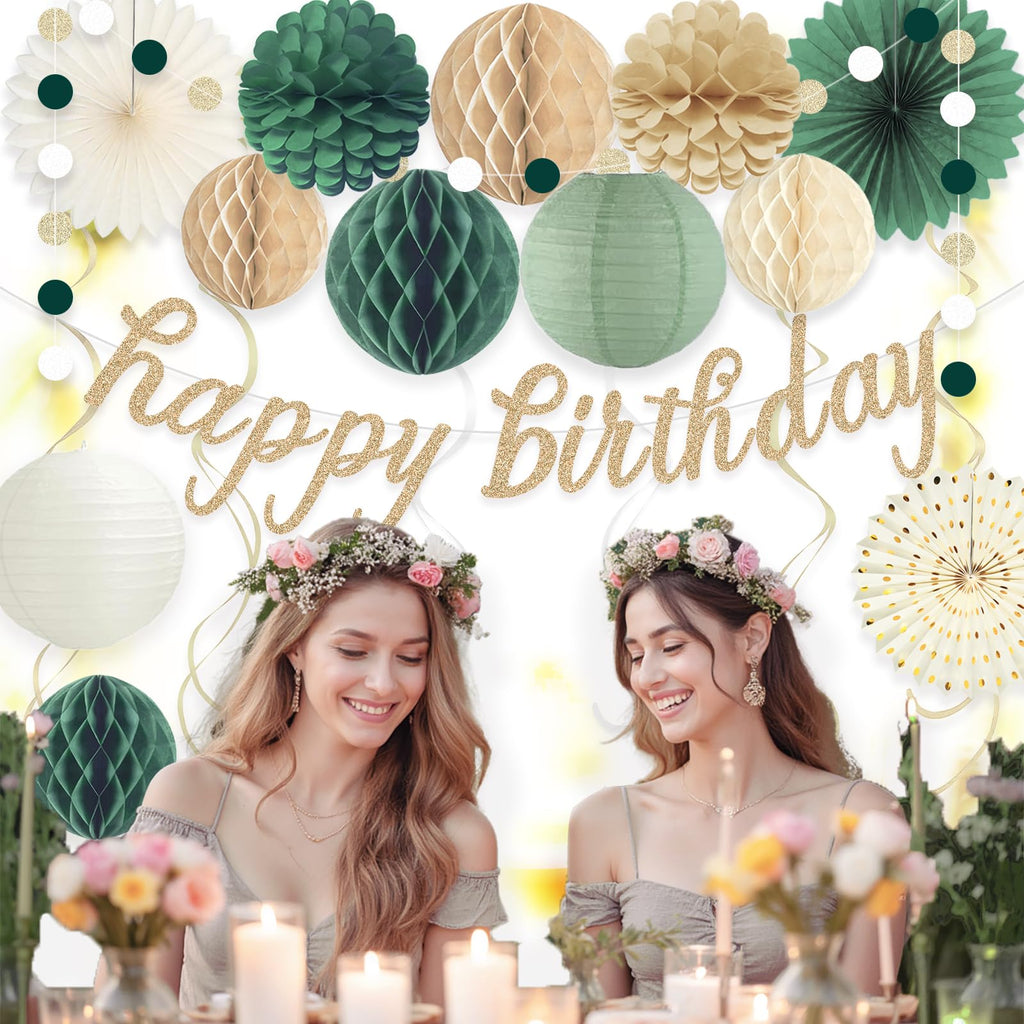 Sage Green Happy Birthday Decorations, Pre-Strung Happy Birthday Banner with Honeycomb Balls, Paper Flowers, Lanterns, Hanging Swirls, Circle Dots Garland for Birthdays Party Decorations 24pcs