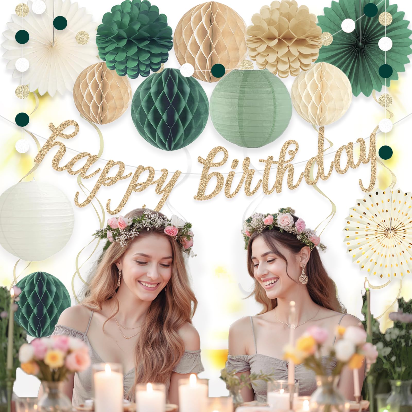 Sage Green Happy Birthday Decorations, Pre-Strung Happy Birthday Banner with Honeycomb Balls, Paper Flowers, Lanterns, Hanging Swirls, Circle Dots Garland for Birthdays Party Decorations 24pcs