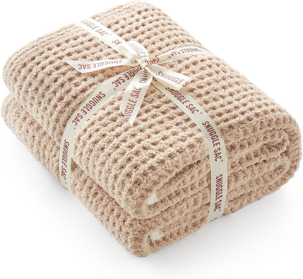 Snuggle Sac Waffle Throw Blanket - Reversible Cozy Microfiber Blanket 50x60 Inches in Beige | Perfect Gift for Women