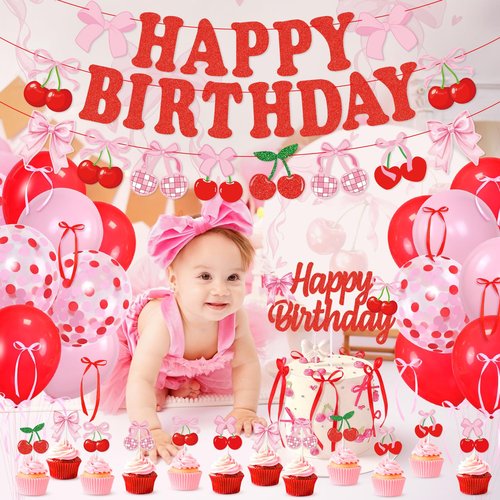 K KUMEED Cherry Birthday Decorations,Happy Birthday Cherry Banner,Summer Fruit Cherry Party Supplies Cake Topper Latex Balloons for Women Girl Birthday Party Favors