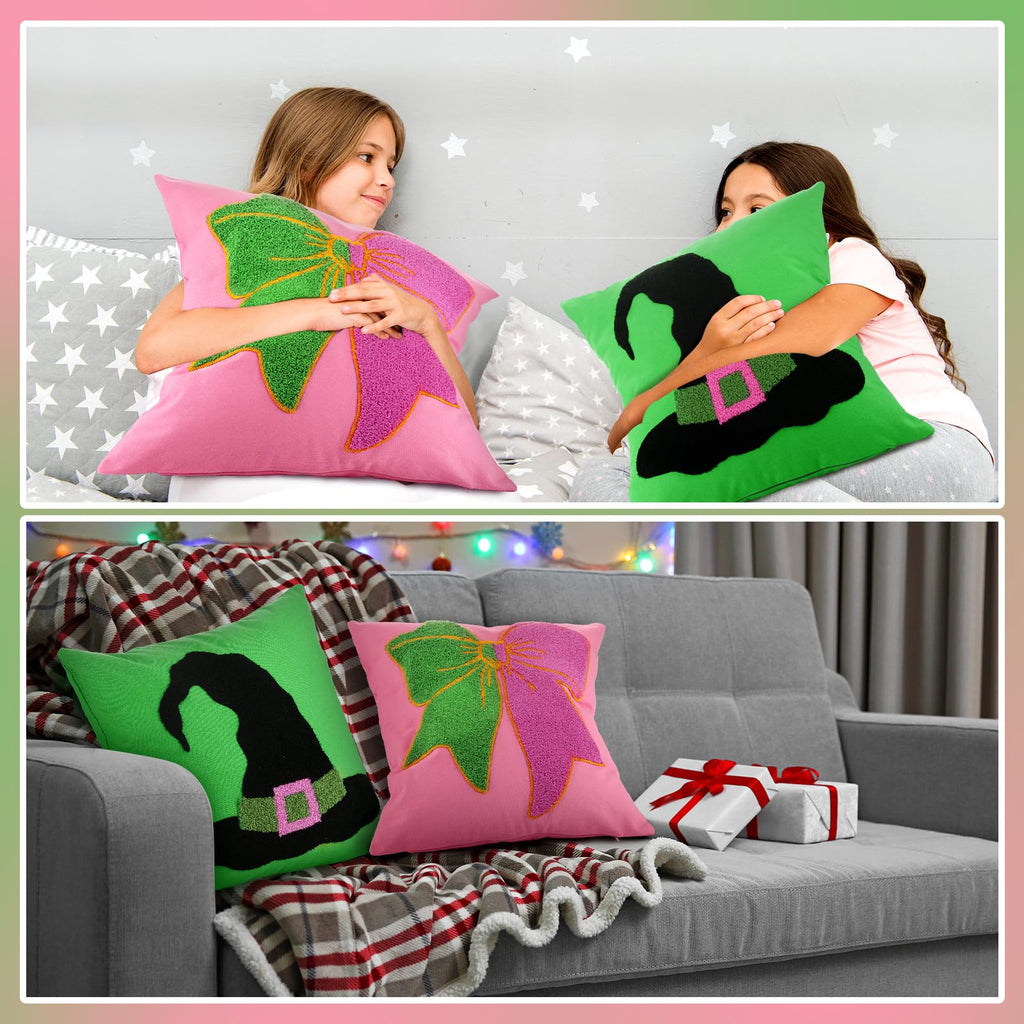 Cinnvoice 2 Pcs Pink and Green Pillow Covers Witch Embroidered Pillow Hat and Bow for Cute Birthday Gift Party Decorations