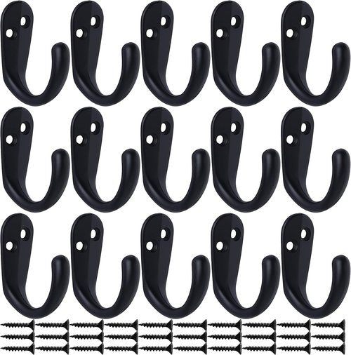IBosins Coat Hooks - 15PCS Wall Mounted Single Prong Robe Hooks with 30 Screws - Black for Towels, Bags & Hats
