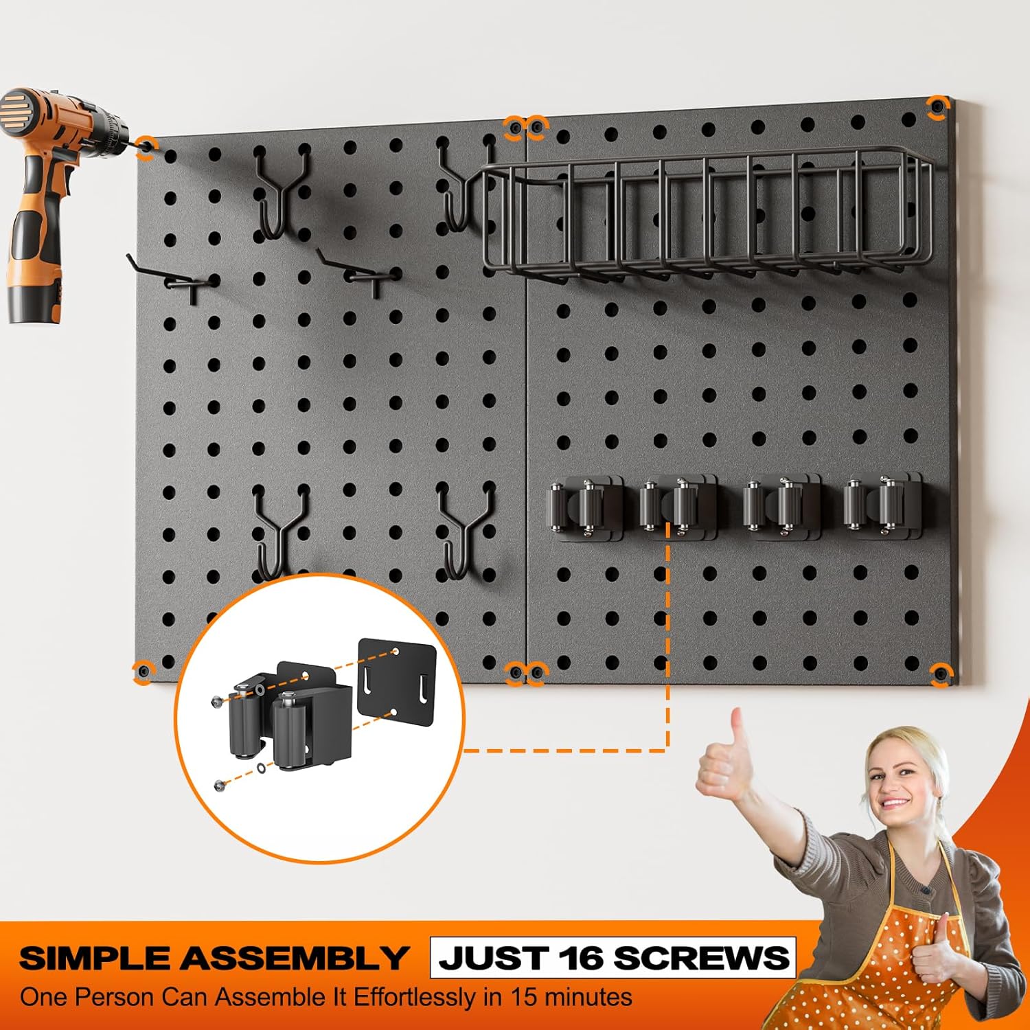 Pegboard Wall Organizer by Broom Holder - Mop Hanger Gripper Hooks & Storage Basket for Laundry Room