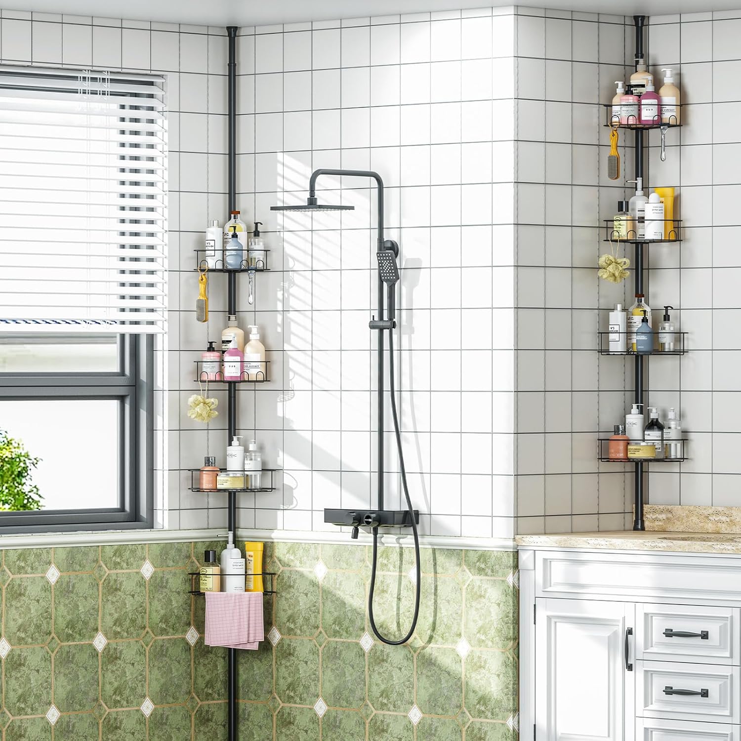 Skiennix Corner Shower Caddy - 4-Tier Adjustable Bathroom Organizer with Hidden Hook & Towel Holder | 63.7-119 Inch, Black