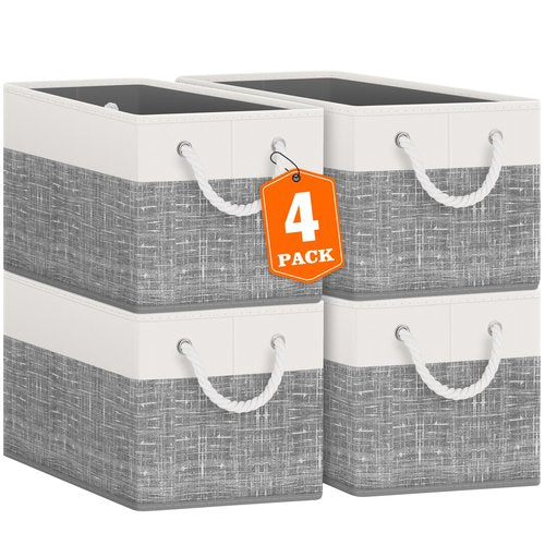 Fab totes Storage Bins [4-Pack], Foldable Storage Baskets for Organizing Toys, Books, Shelves, Closet, Large Storage Box with Rope Handles, Sturdy Organizer Bins, White & Grey