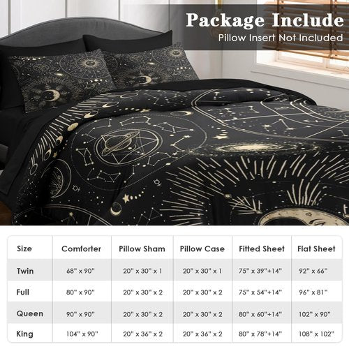 Pamnest Comforter Set Queen Size, Sun Moon Astrology 7 Pcs Bedding for Kids and Adults, Space Science Galaxy Retro Bed Sheet Sets with Fitted Sheet 2 Pillowcases & 2 Shams for Bedroom Bed Decor