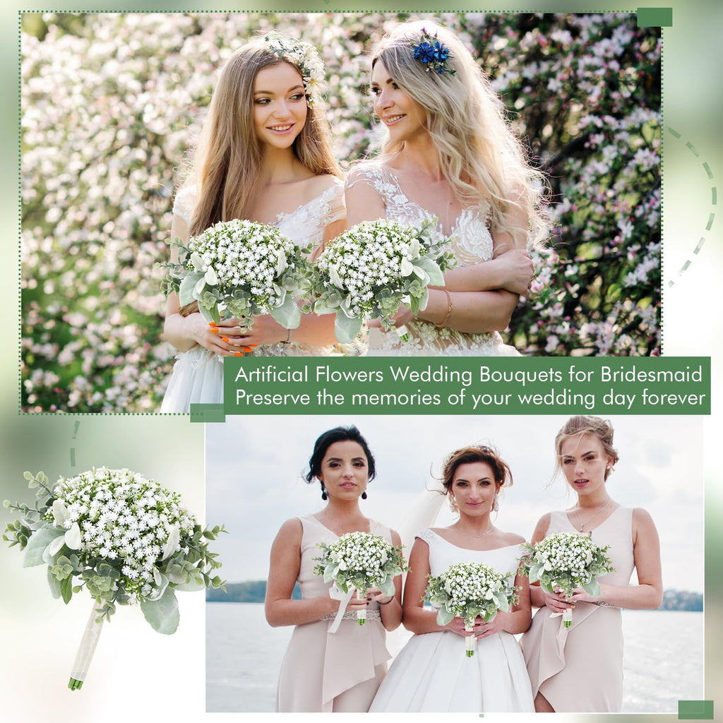 SEMONONIA Artificial Babys Breath Bridesmaids Bouquets Set of 4-7 Inch White Fake Gypsophila Bouquet for Bridesmaid, Real Touch Small Bouquet for Bridesmaids Wedding Bridal Shower Centerpieces