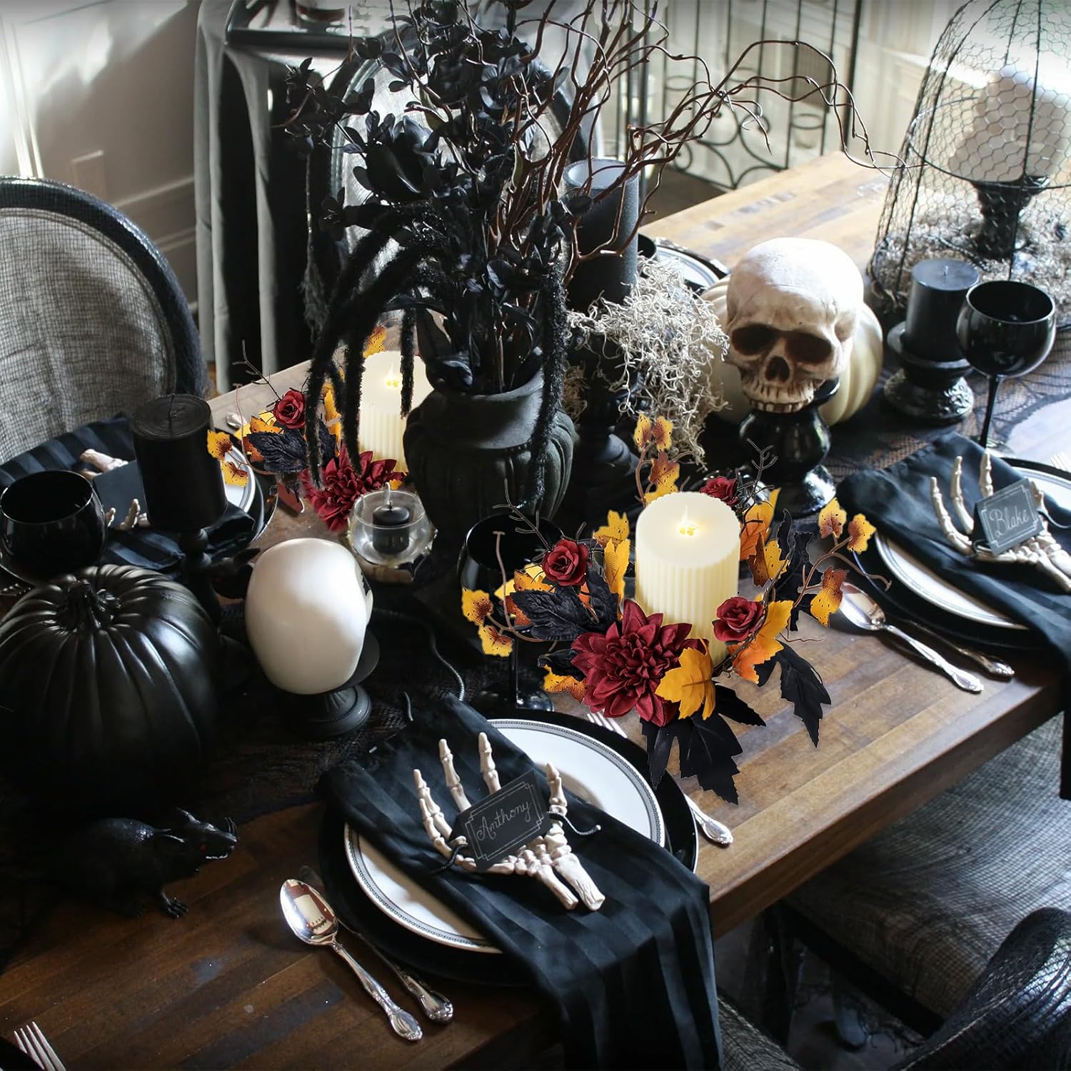 Regine Switzerland Halloween Candle Ring - Red Flowers & Artificial Maple Leaves | Perfect for Table Centerpieces