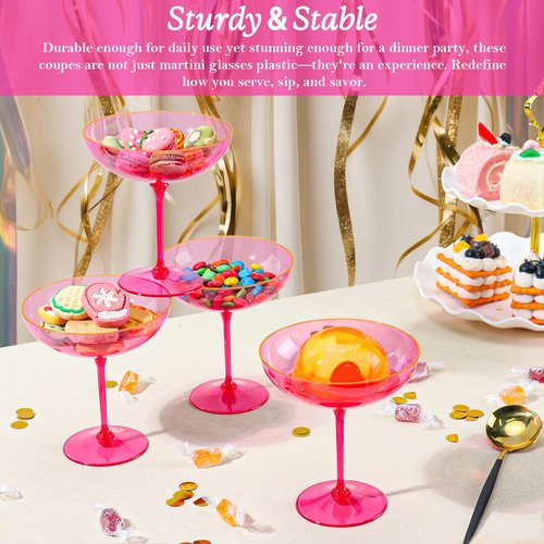 12 PCS Plastic Coupe Glasses 9 oz Hot Pink Detachable Gold Rim Martini Glass Espresso Champagne Cocktail Cups Disposable Vintage Margarita Glassware for Valentine's Day Wedding Bridal Shower Party