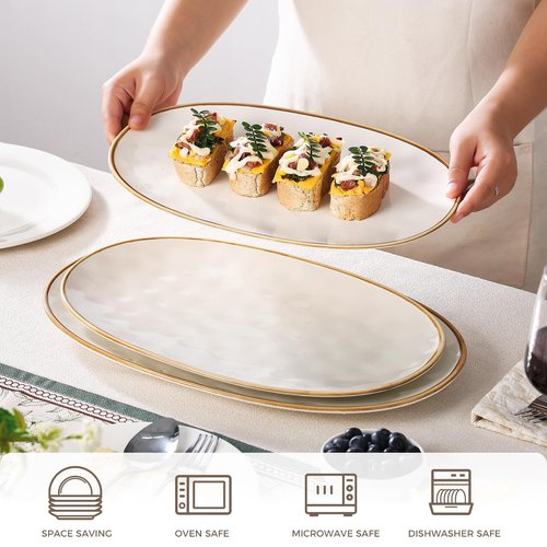 CULIVORA Ceramic Oval Serving Platter with Brown Rim: 15.6/14.3/12.9 Inch Large Serving Dishes for Entertaining Party, Turkey, Steak, Ham, Microwave Dishwasher Safe