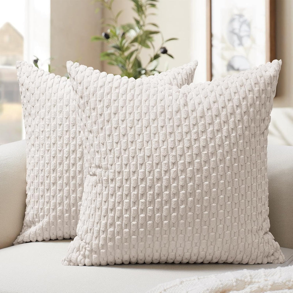 Softalker Throw Pillow Covers - Set of 2 Soft Corduroy Boho Stripe 18x18 Inch Decorative Covers | Beige for Farmhouse Decor