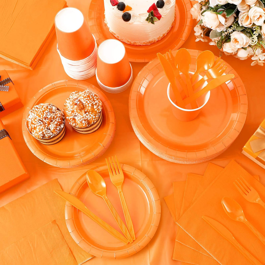 Qilery 282 Pcs Orange Plates Party Supplies Set Serves 40 Guests, Disposable Party Plates, Cups, Plastic Spoons Forks Knives, Napkins, Orange Dinnerware for Fall Thanksgiving Wedding Birthday