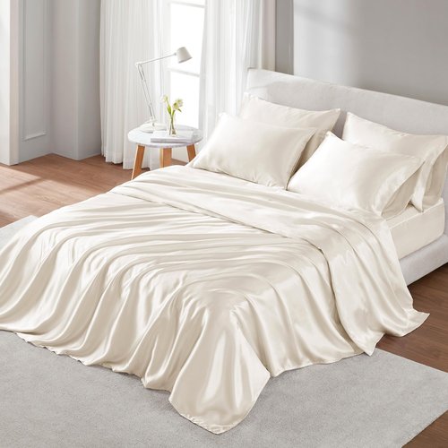 Madison Park Essentials Satin Sheet Set Luxury and Silky with Natural Sheen, Elastic 14" Pocket fits up to 16" Mattress, All Around Elastic - Year-Round Bedding, Full, Ivory, 6 Piece