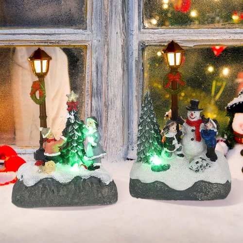 Karenhi Christmas Village Set - 2 Pcs Snowman & Santa Figurines with LED Lights | Rustic Tabletop Decor
