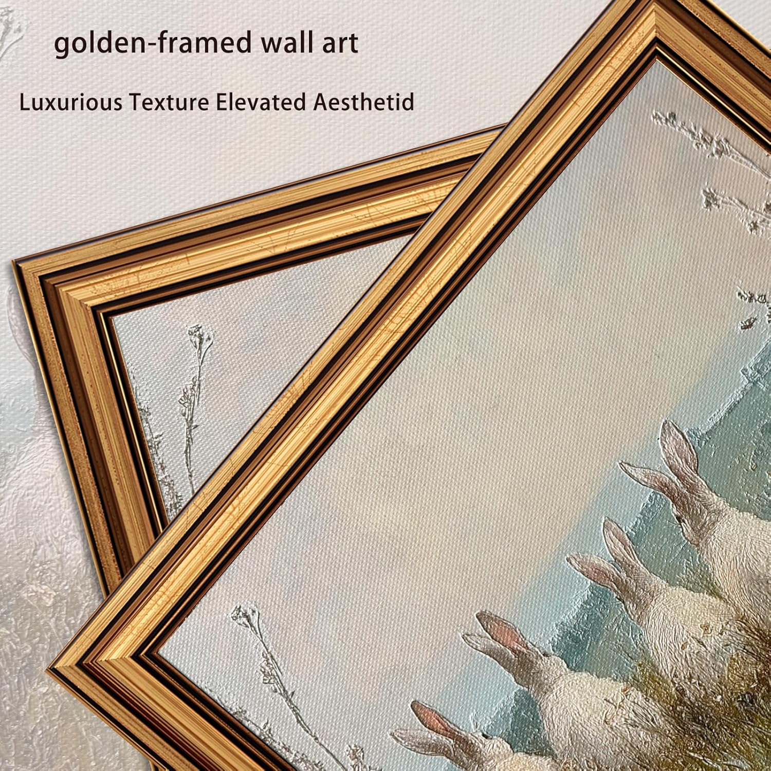 Regine Switzerland Vintage Gold Framed 3D Textured Wall Art - Easter Rabbits in Meadow Oil Painting | 9x11in Cottagecore Decor
