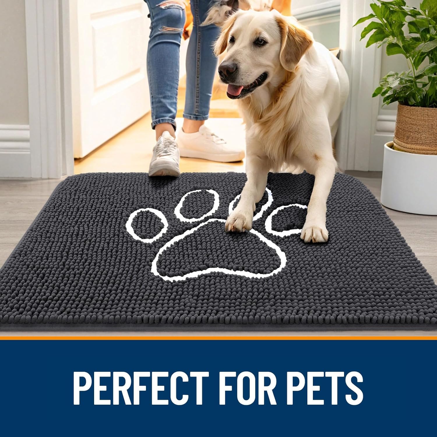 OLANLY Dog Door Mat - Absorbent Non-Slip Mud Mat for Paws | 48x30 Dark Grey Chenille Design