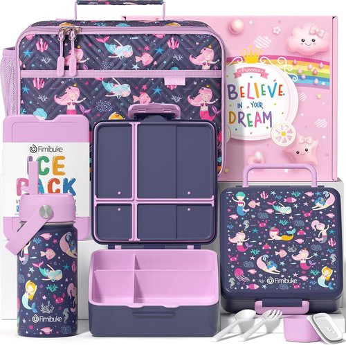 Fimibuke Kids Bento Lunch Box Set - 4 Compartments, Insulated Bag, Stainless Steel Bottle & Utensils | Perfect Birthday Gift for Ages 3-12