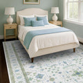 Hazo Haus Cream Oushak 7x9 Area Rug - Boho Floral Design in Cool Blue & Green, Washable Non-Slip