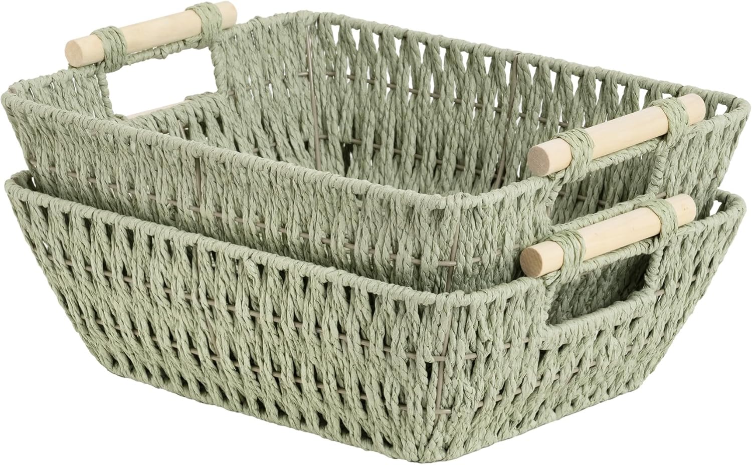 StorageWorks Large Wicker Storage Baskets - Organize with Wooden Handles, Bosana Green, 2-Pack
