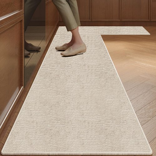 Kitchen Mats for Floor 2 Piece Washable Rugs Non Slip Kitchen Rug Sets, Absorbent Corner L Shaped Rug Runner Non Slip Kitchen Mat Set for Shower, Bathroom, Indoor Door (Beige Rug, 31“×20“+59“×20“)