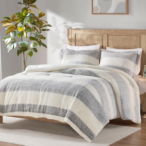 Madison Park King Comforter Set Sherpa Farmhouse Stripes, Faux Mink Reverse, Soft & Fluffy, Medium Weight Winter Comforter King Warm Bedding Set, 2 Shams, Hollis, King/Cal King Gray/Ivory 3 Piece
