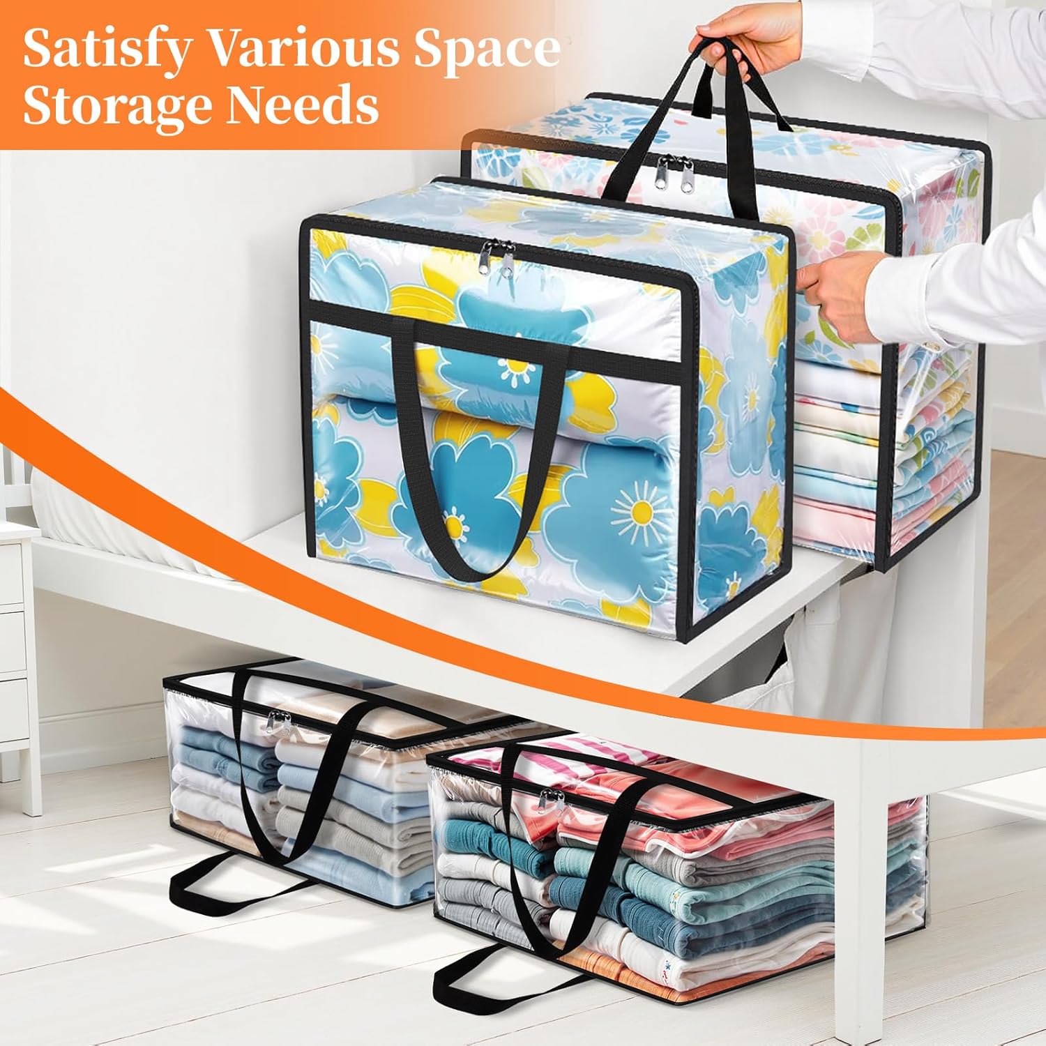 SpaceTrove Clear Storage Bags - 4 Pack Heavy-Duty Under Bed Organizers | Foldable Vinyl Zippered Containers for Comforters, Bedding & Toys - 40L Capacity