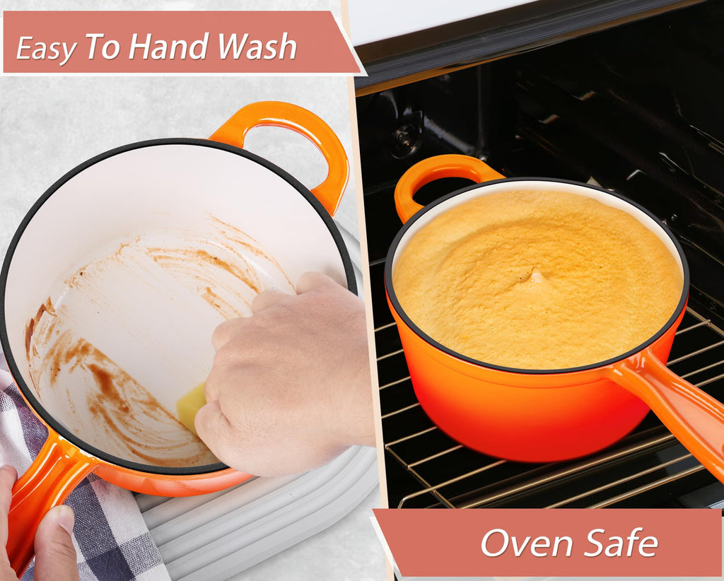 TeamFar 2QT Enameled Cast Iron Sauce Pan, Small Sauce Pot Saucepan with Lid, Mini Dutch Oven for Cooking/Baking/Simmering/Boiling, Sturdy & Nonstick, Oven Safe & Fit for Induction- Orange