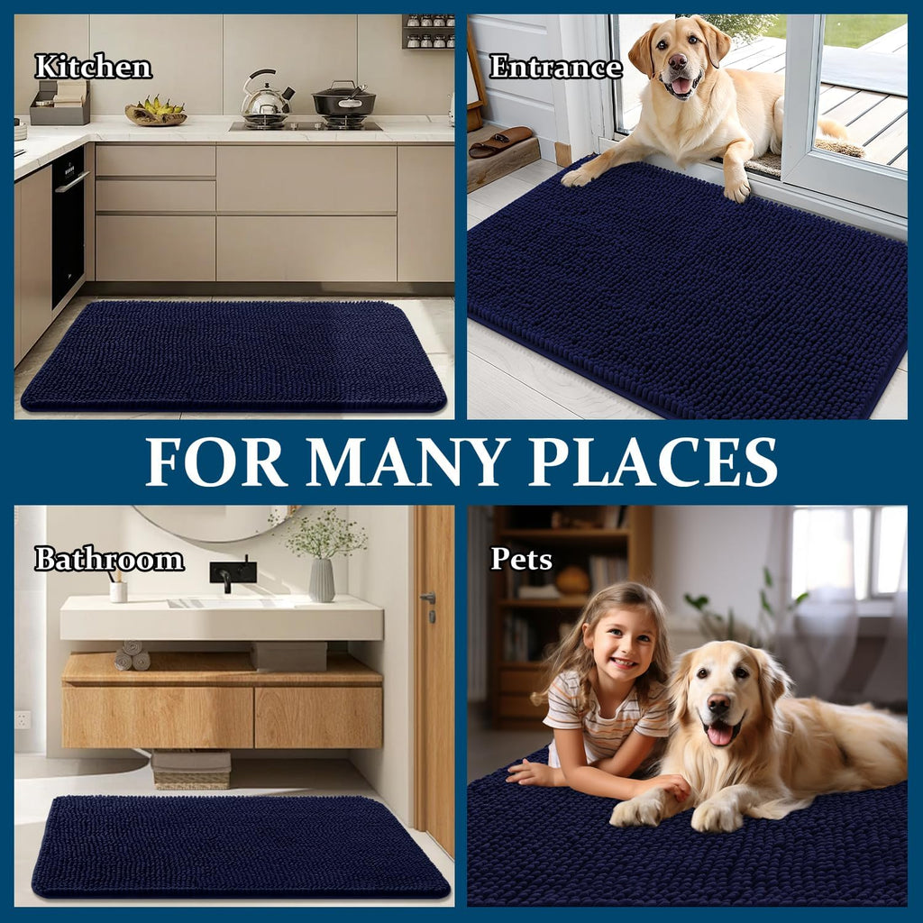 OLANLY Dog Door Mat - Absorbent Non-Slip Washable Chenille Mat for Muddy Paws | 54x32, Navy Blue