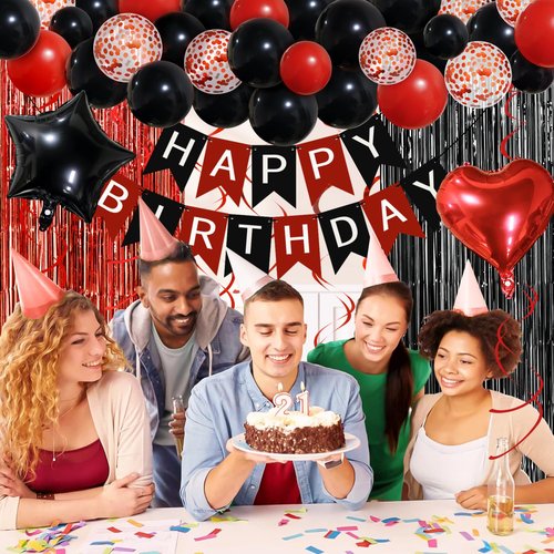 Recosis Red and Black Birthday Decorations, Happy Birthday Banner, Confetti Balloons, Fringe Curtain, Heart Star Foil Balloons, Hanging Swirls for Women Girls Birthday Princess Party Decorations