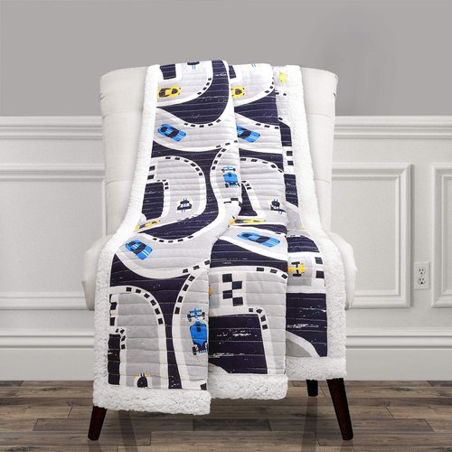 Lush Decor Car Tracks Reversible Sherpa Throw Blanket for Kids - 60” x 50”, Navy