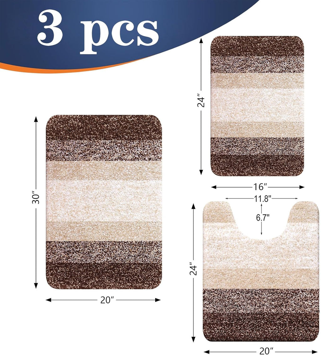 OLANLY Bathroom Rug Set - Soft Absorbent Microfiber Mats & U-Shaped Contour Rug | 3-Piece Brown Set (30"x20", 24"x16", 24"x20")