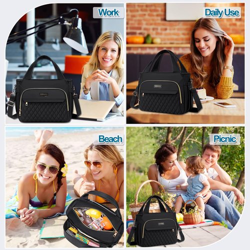 Yunkevivo Lunch Bag Lunch Box Women - Insulated Lunch Tote Bag for Women Men, Leakproof Large Womens Lunch Bags for Work, Lunch Cooler Bag for Adult with Side Pocket for Picnic, Hiking, Beach (Black)