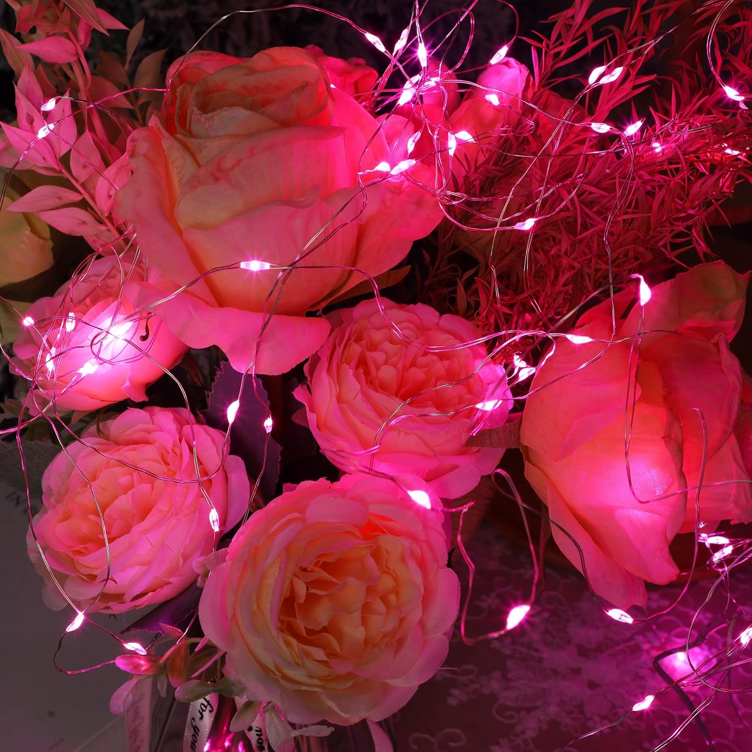 WATERGLIDE 12 Pack Mini Fairy Lights - 7 Ft Waterproof LED String Lights for Valentine's Decor | Pink