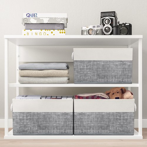 Fab totes Storage Bins [4-Pack], Foldable Storage Baskets for Organizing Toys, Books, Shelves, Closet, Large Storage Box with Rope Handles, Sturdy Organizer Bins, White & Grey