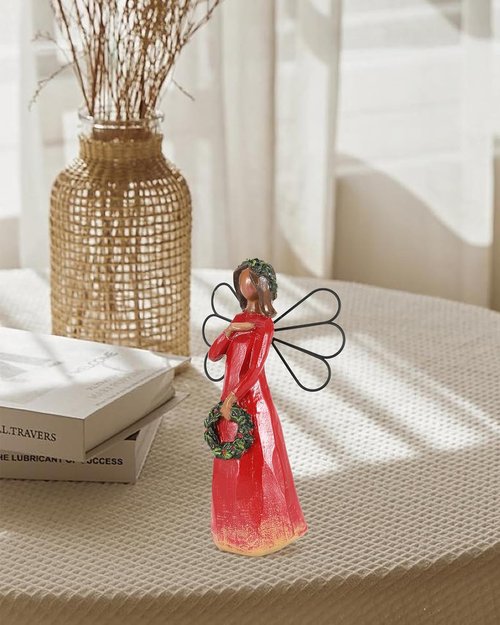 iStatue Christmas Angel Figurine - 6.7'' Hand-Painted Resin with Realistic Wings & Wreath | Perfect Xmas Gift for Women & Girls (Red)