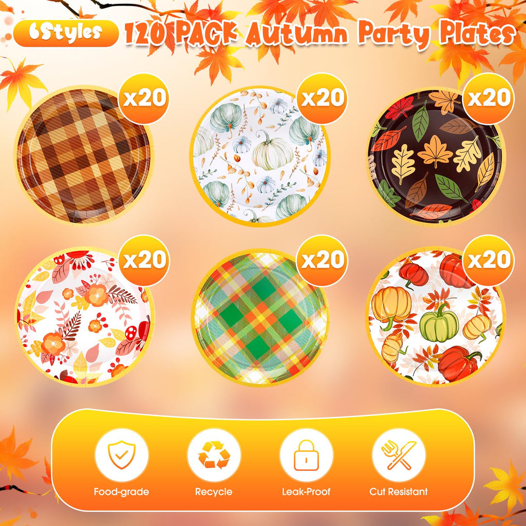 Uiifan 120 Pcs Fall Pumpkin Paper Plates Thanksgiving Dinnerware Set Maple Leaf Dessert Plates Disposable Autumn Harvest Round Dishes for Halloween Birthday Party Decoration, 6 Styles(7 Inch)