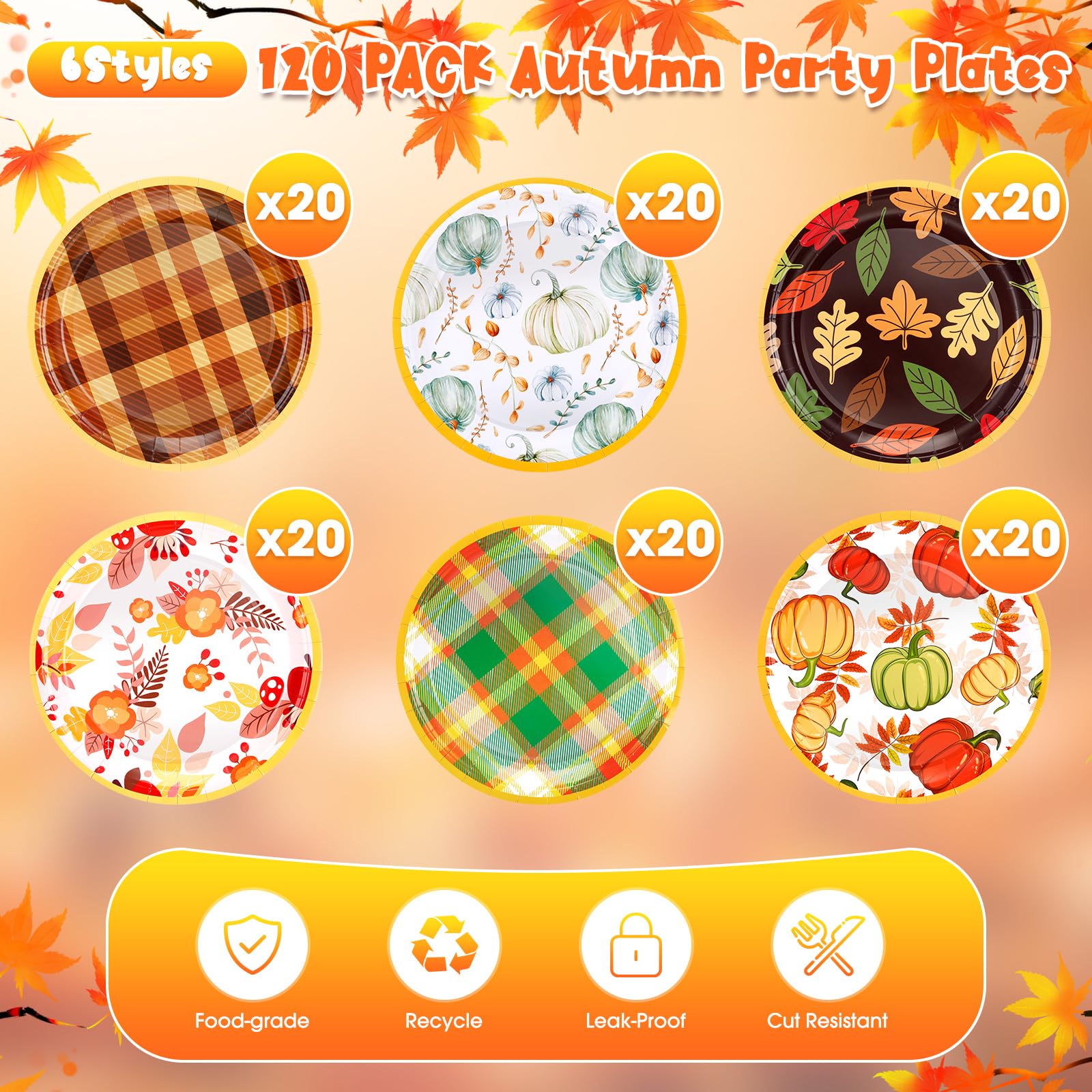 Uiifan 120 Pcs Fall Pumpkin Paper Plates Thanksgiving Dinnerware Set Maple Leaf Dessert Plates Disposable Autumn Harvest Round Dishes for Halloween Birthday Party Decoration, 6 Styles(7 Inch)
