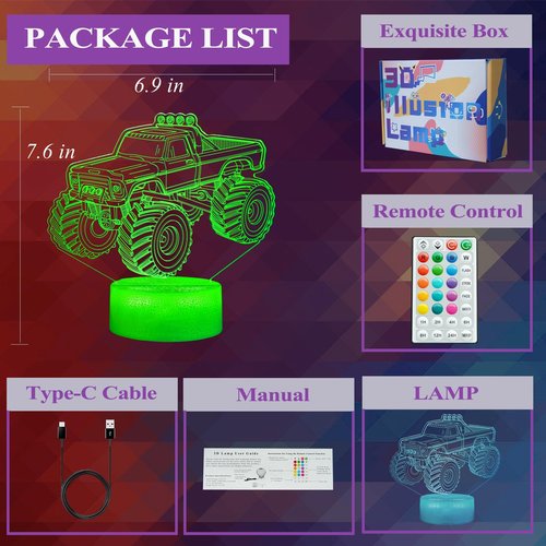 Monster Truck Night Light, Monster Truck Gifts, 3D Illusion Lamp with 16 Colors Changing, Remote Control with Timer, Dimmer, Kids Room Decoration for Holiday Birthday Christmas