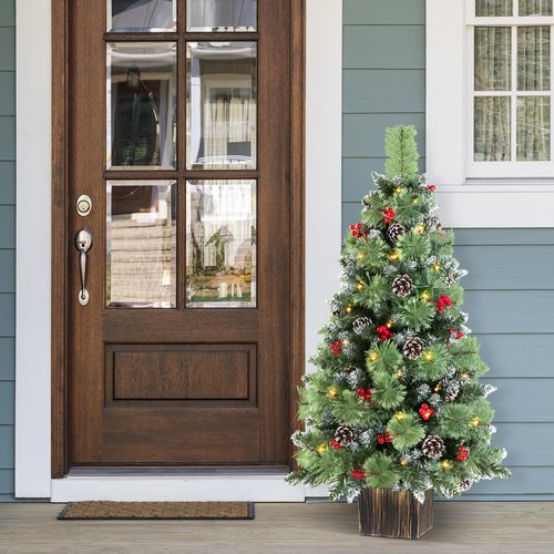 Jin&Bao 4FT Potted Christmas Tree with 100 Lights, 2 Pack Artificial Xmax Tree Timer Function with Round Pine Cones & Red Berries, 3AA Battery Operated Christmas Decorations for Outdoor, Porch