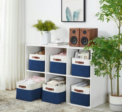 DECOMOMO Storage Baskets - Large Fabric Storage Bins for Organizing Linen Closets | Navy Blue & White - 3 Pack