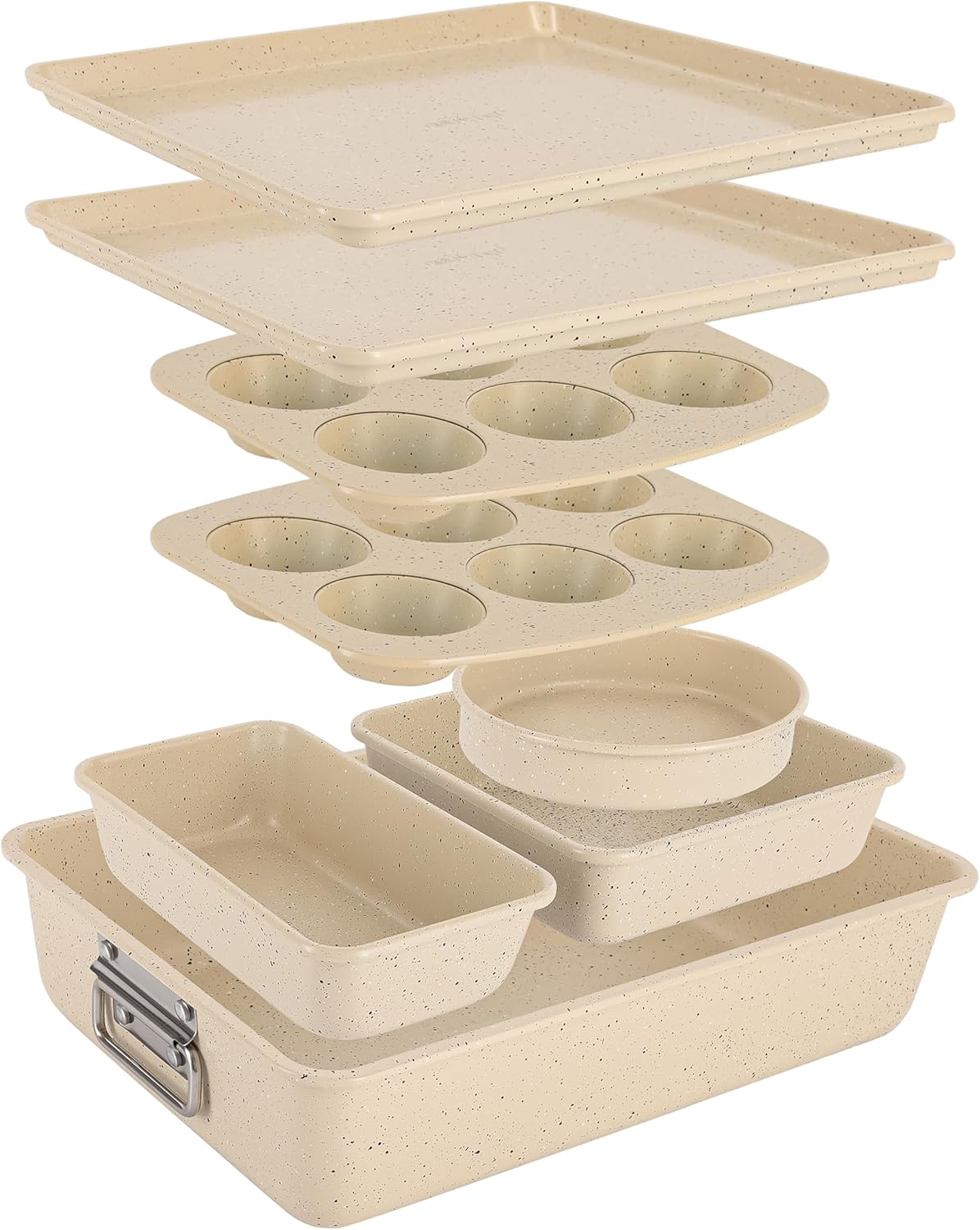 NutriChef 8-Piece Bakeware Set - Non-Stick Carbon Steel Pans | Includes Sheet, Muffin, Round, Loaf, Square & Deep Pans | Marble Cream Finish, Oven Safe to 450°F