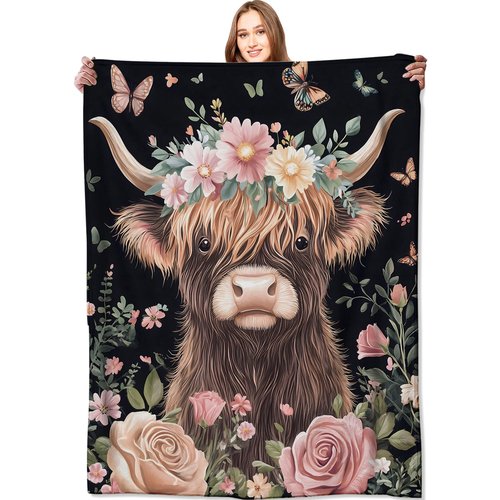 VODRM Highland Cow Blanket Cute Cattle with Floral Crown Throw Blankets,Gifts for Kids Adult Women Men,Lightweight Soft Fleece,Nature Lovers,Sofa Couch Bed Room Modern Rustic Decor 50x60in