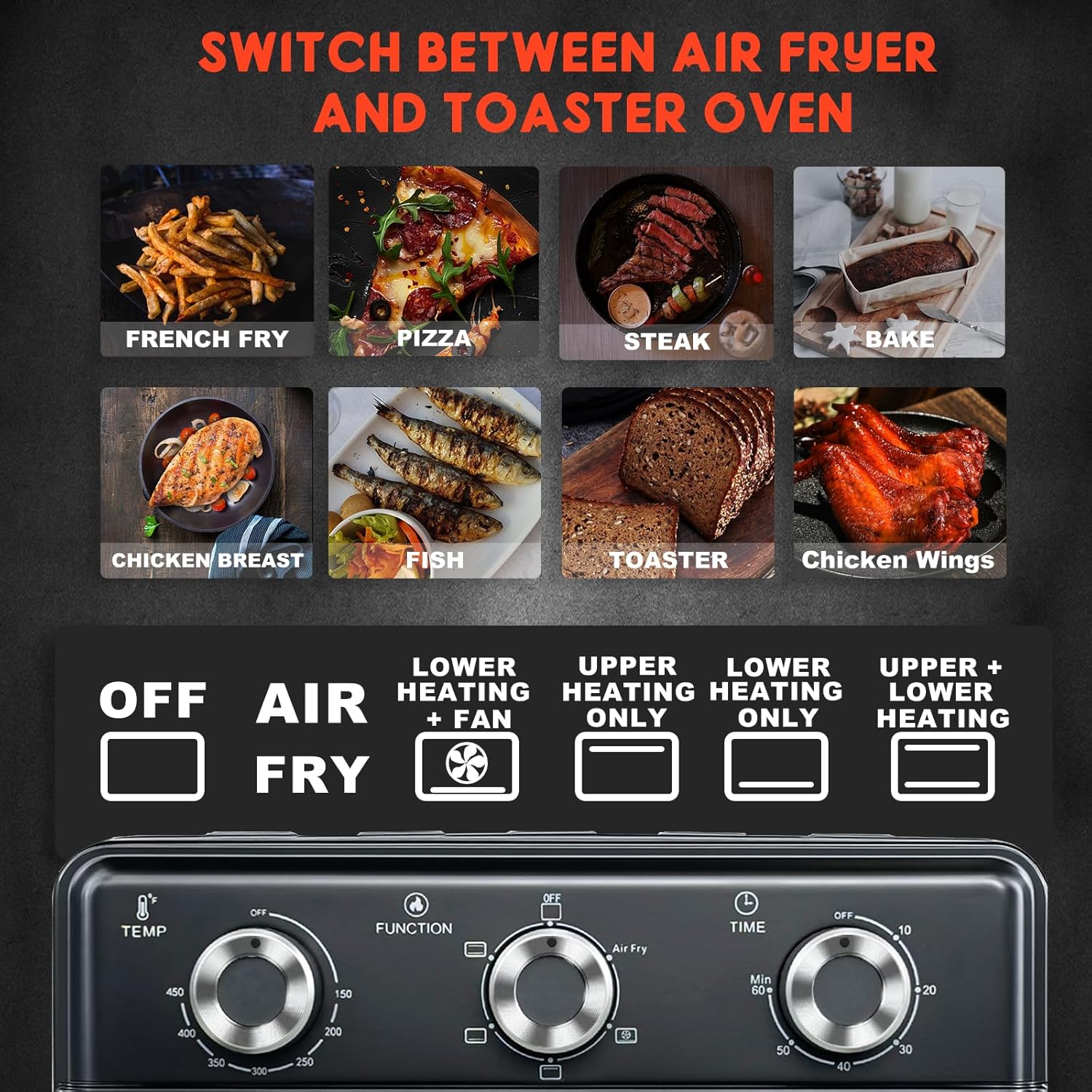 Skiennix 10QT Air Fryer Toaster Oven Combo - 5-in-1 Functions, 3-Layer Cooking, Visible Window, Ideal for Small Kitchens