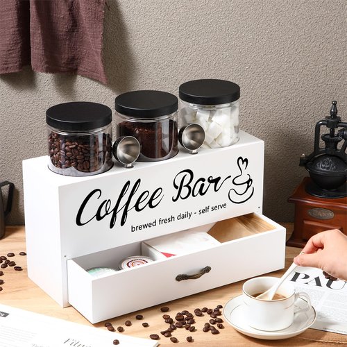 Skybooly 3 Pcs Coffee Canister Set with Shelf and Spoon Plastic Coffee Bean Storage Container with Lids Coffee Storage Box with Drawer Food Storage Jars for Coffee Bar Kitchen (White)