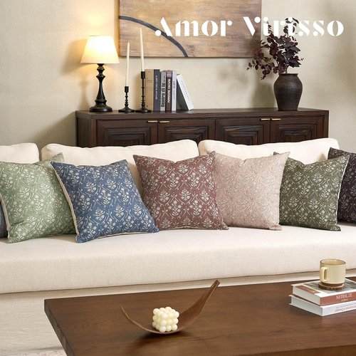 Amor Virisso Floral Pillow Covers 18x18 Inch Farmhouse Block Print Pillow Cover Accent Square Neutral Modern Decorative Throw Pillow Covers for Living Room Couch Bed Sofa Chair, Dusty Green