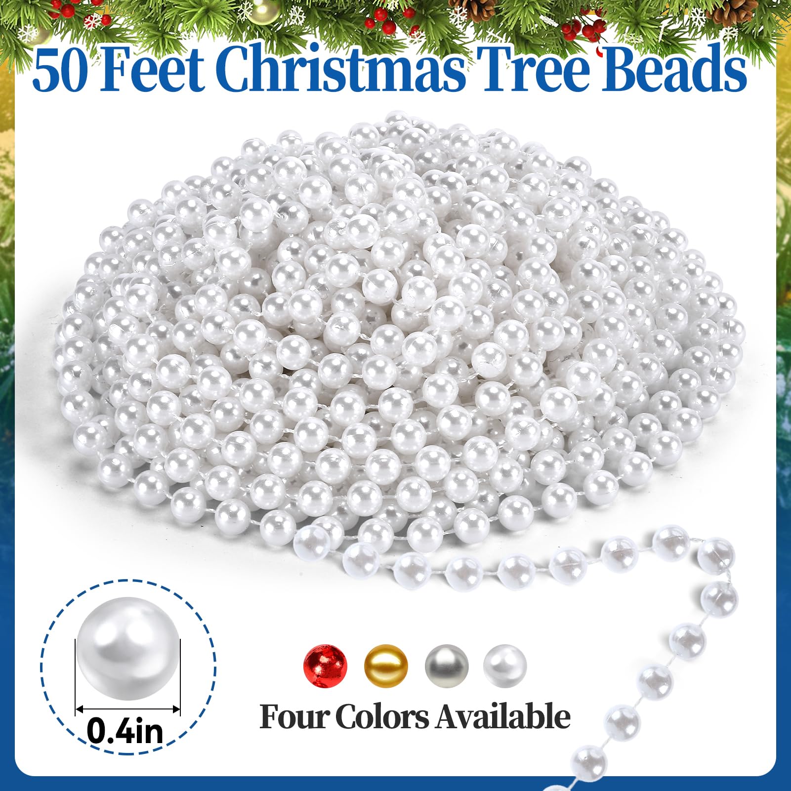 0.4" Christmas Tree Garland Beads, 50ft White Artificial Pearls Beaded Garland for Xmas Tree, Christmas Decorations for Indoor Outdoor Home Party