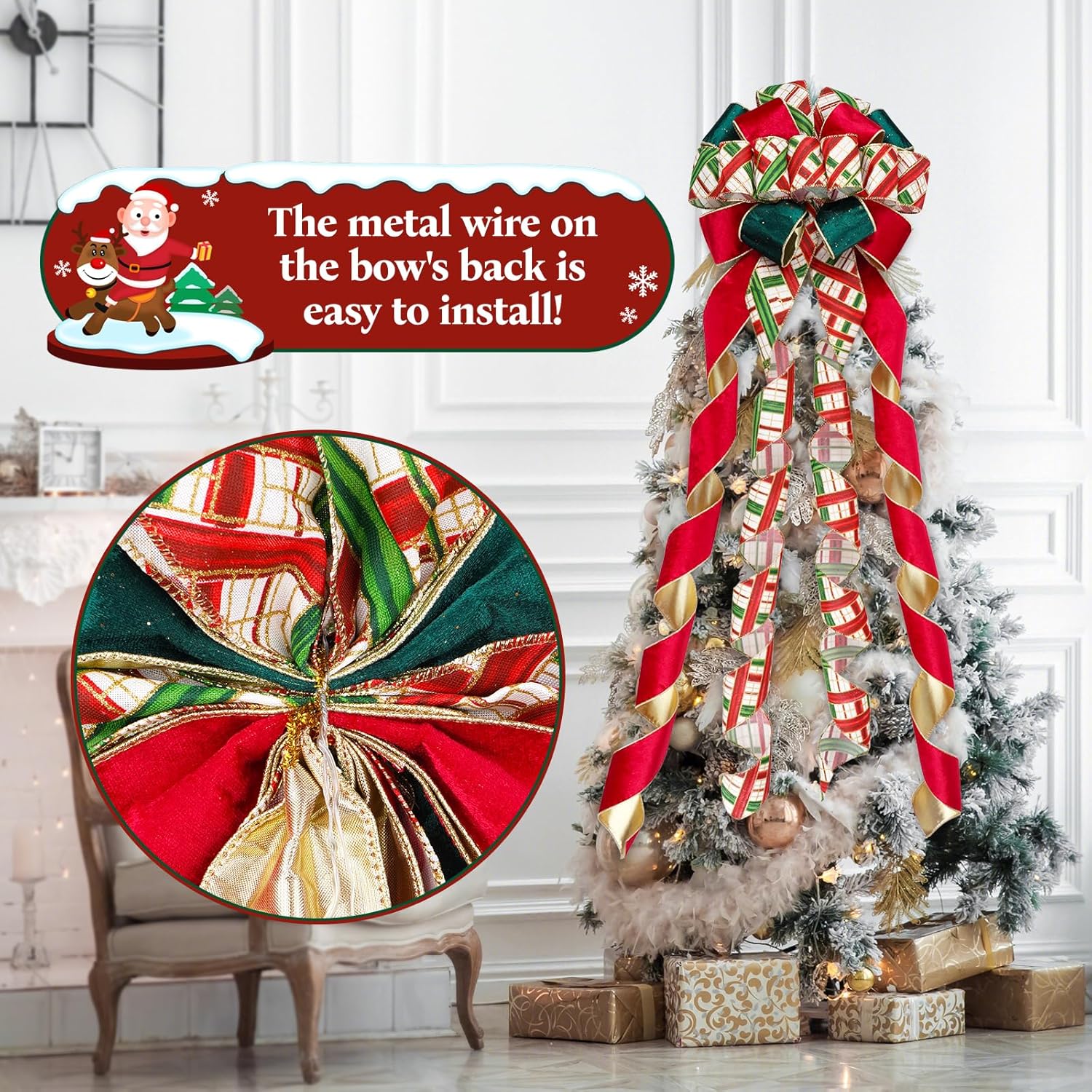Skiennix Christmas Tree Topper Bow - 13" Large Velvet Red & Green Buffalo Plaid Decoration for Holiday & Festive Parties